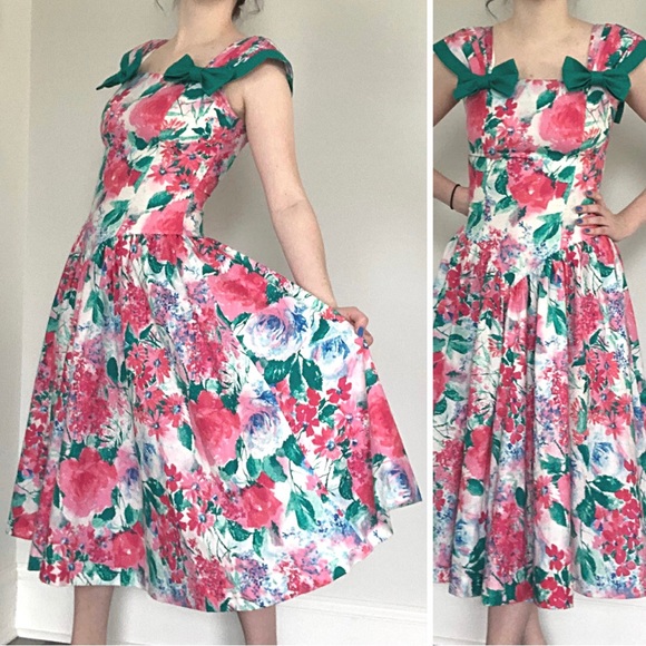 Vintage 80’s Leslie Lucks Bright Floral Print Full Skirt Dress w/ Bows - Picture 2 of 16